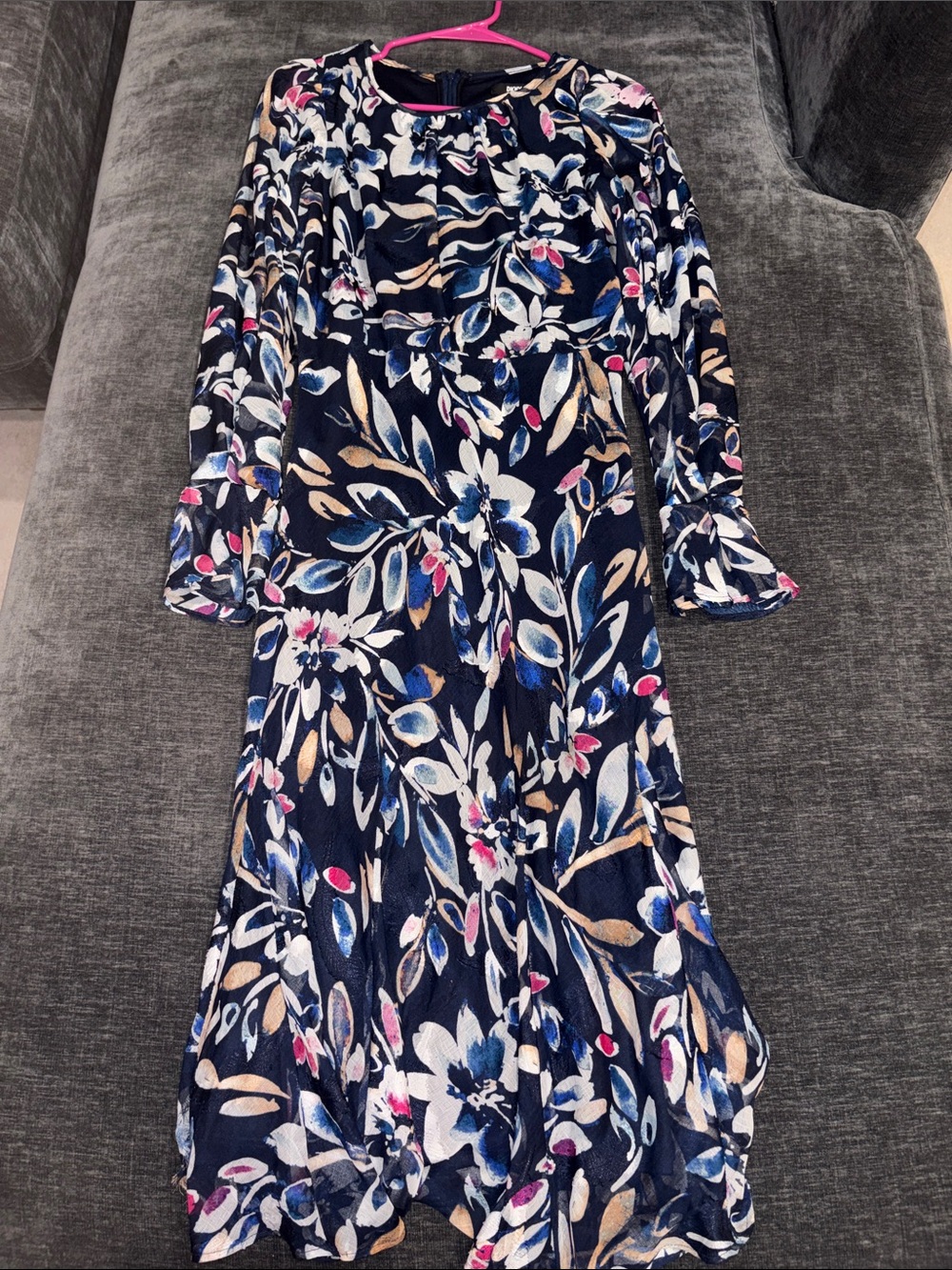 DKNY Navy Floral Midi Dress with Pink & Cream Accents